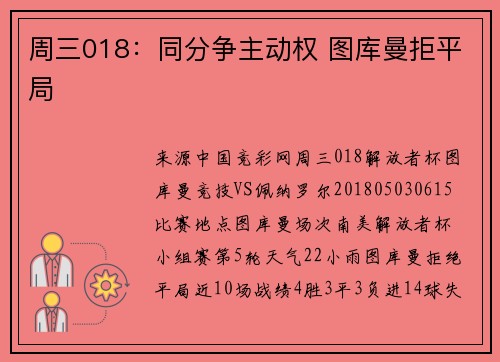 周三018：同分争主动权 图库曼拒平局