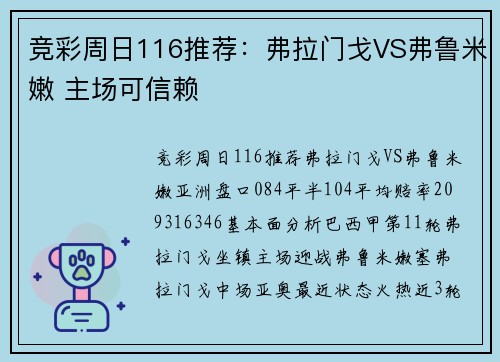 竞彩周日116推荐：弗拉门戈VS弗鲁米嫩 主场可信赖